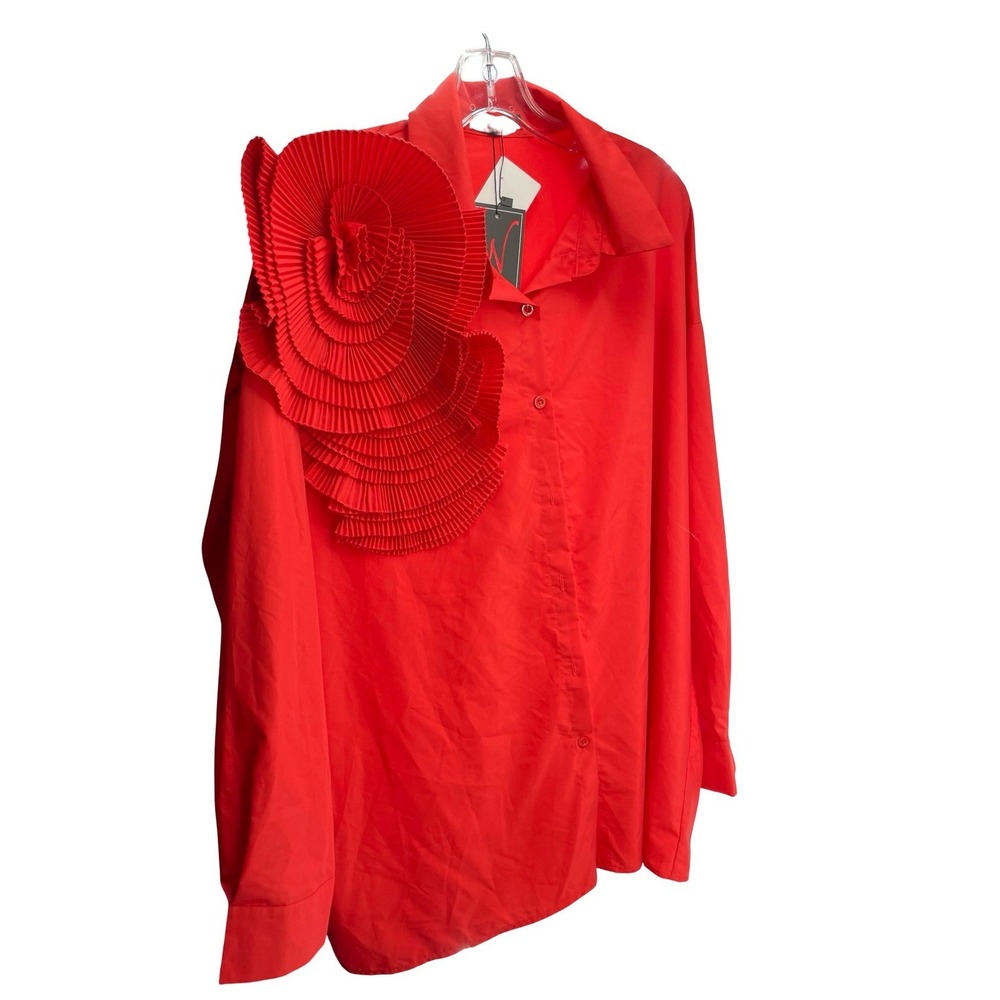 N By Nancy Women's Shirt Floral Applique Red Cotton Blend Large